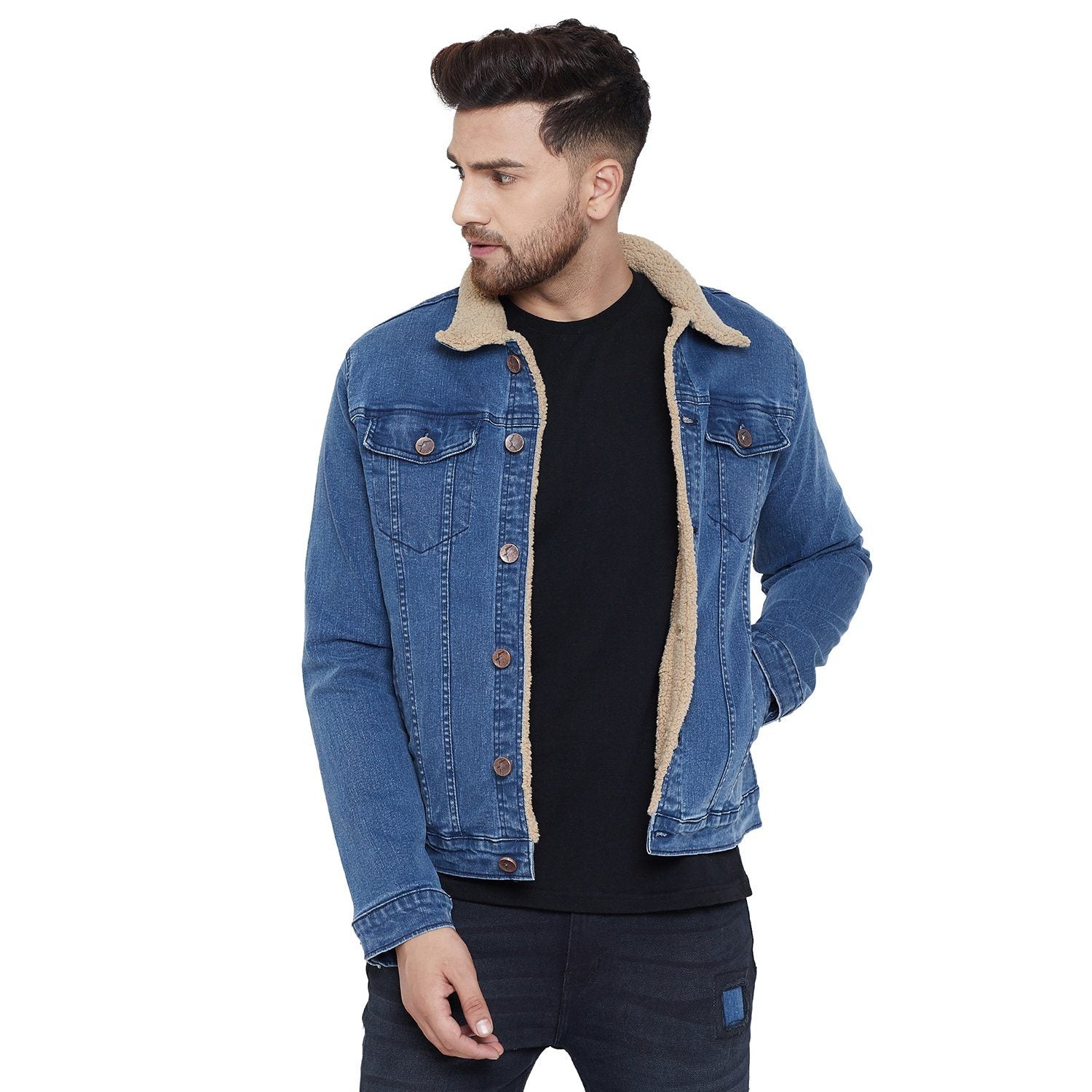 Buy HERE&NOW Men Blue Washed Denim Jacket With Faux Fur Detail - Jackets for  Men 12143124 | Myntra